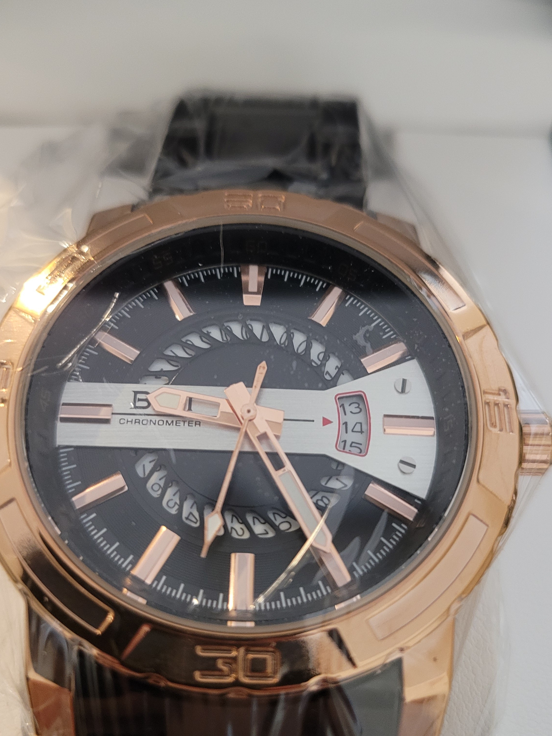 Bibi Luxary Mens Rose Gold Chronometer Watch With Black Dial And Strap